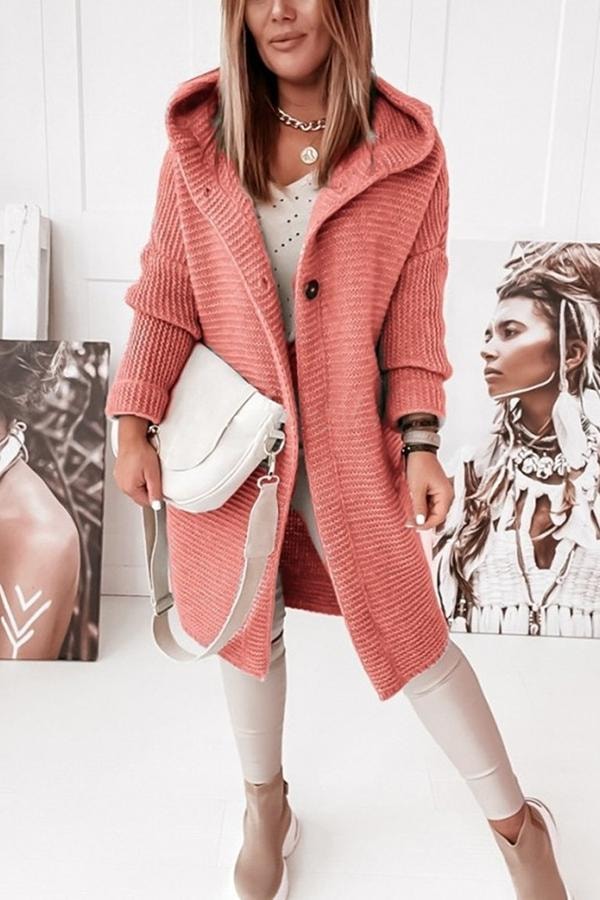 Coral longline cardigan shown from the front with a hood, button closure, and open lower front.