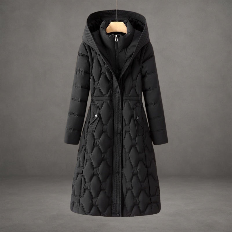 Black longline puffer coat with an attached hood, defined waist, and covered front closure.