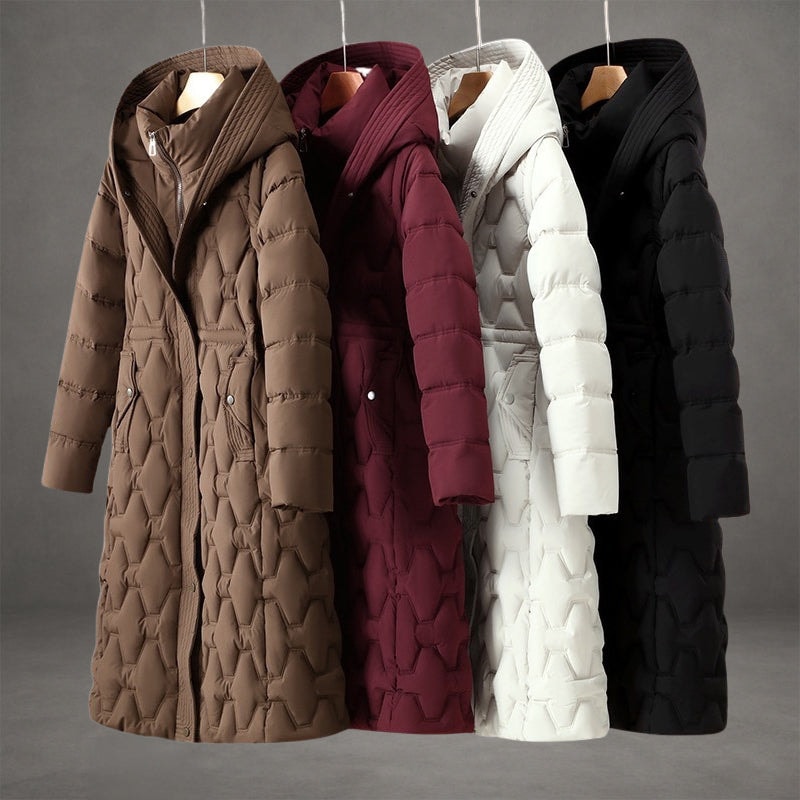 Four longline hooded puffer coats displayed together in brown, burgundy, white, and black, each with a shaped waist.