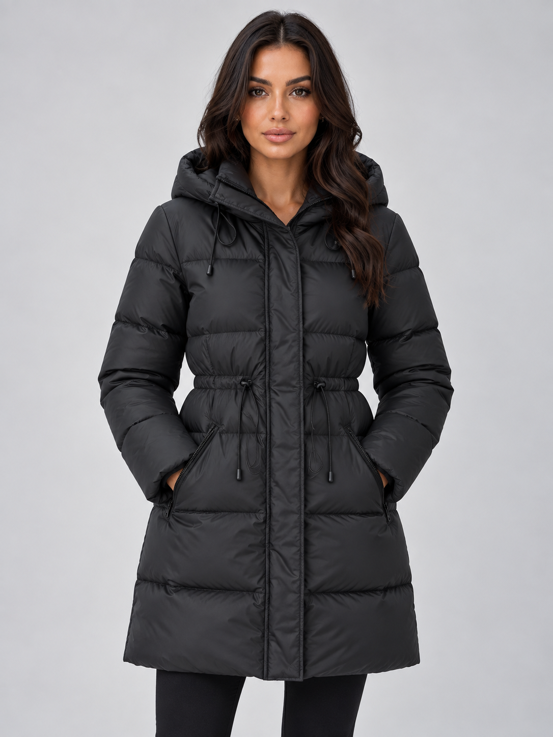 Front view of the black longline hooded puffer coat with a zipped front, adjustable waist, and hands placed in the side pockets.