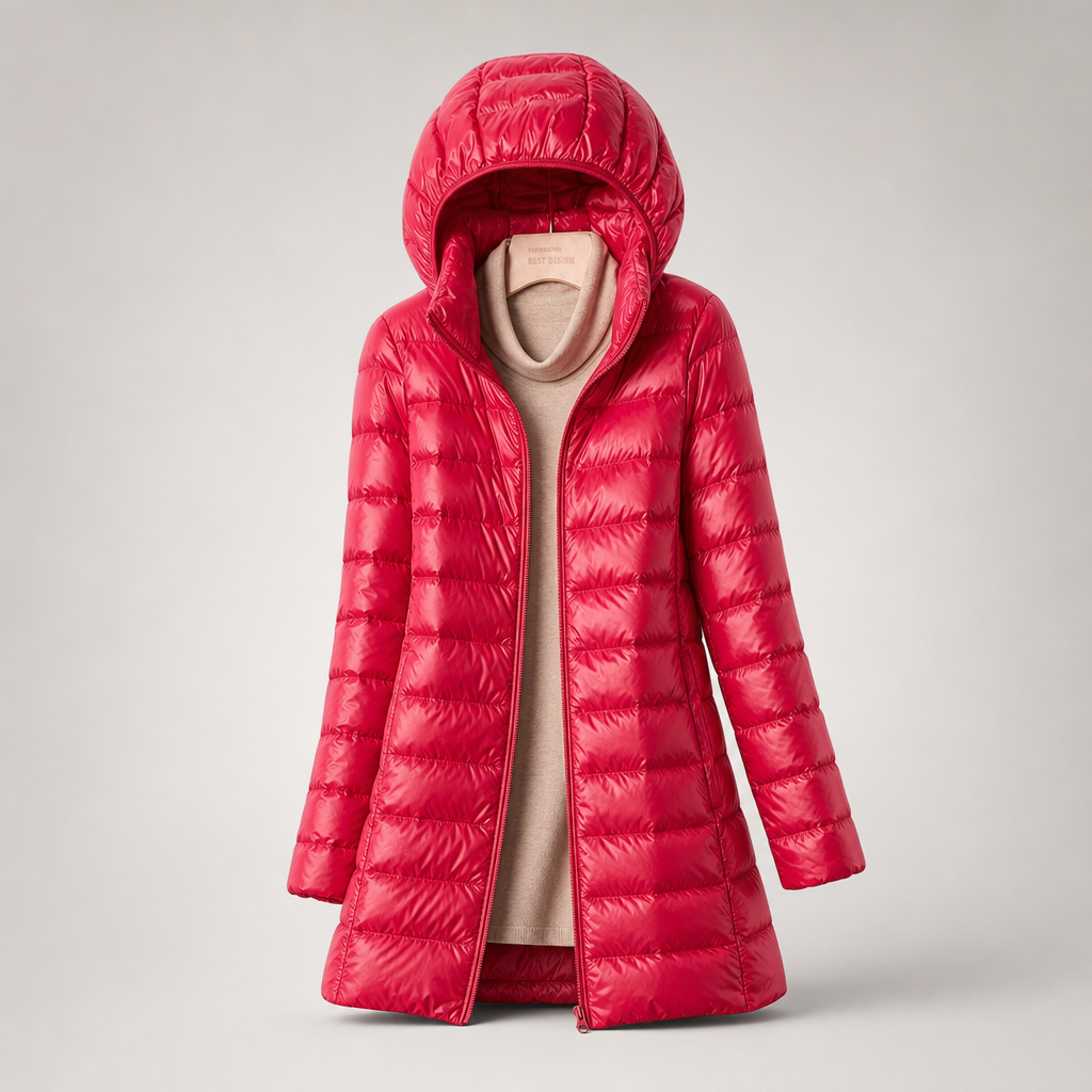 Bright red longline hooded puffer jacket shown open with its horizontal quilting and attached hood.