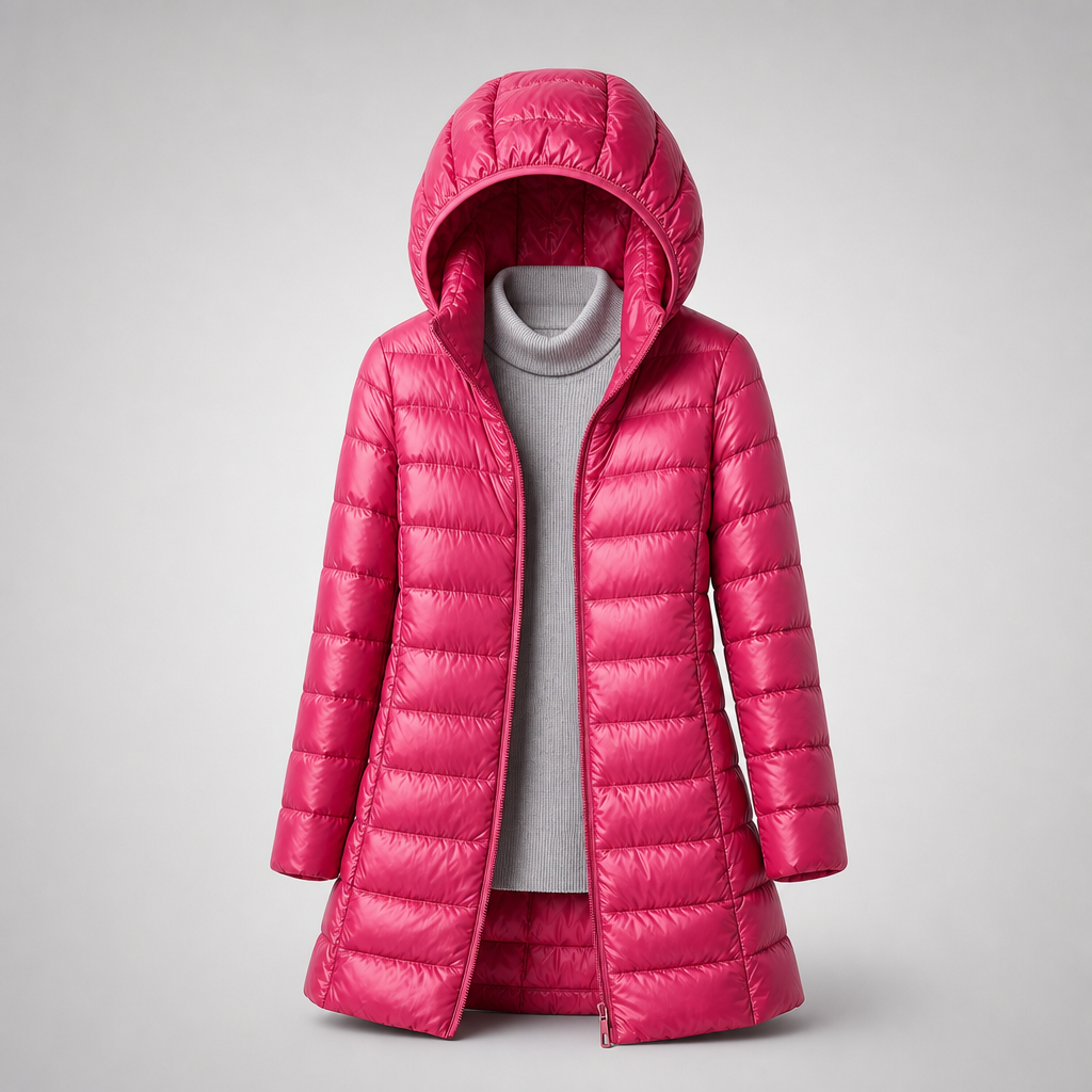 Vivid pink longline puffer jacket displayed open over a gray turtleneck, with the hood raised.