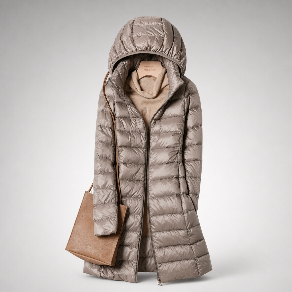 Taupe longline puffer jacket displayed with its attached hood raised and front zipper visible.