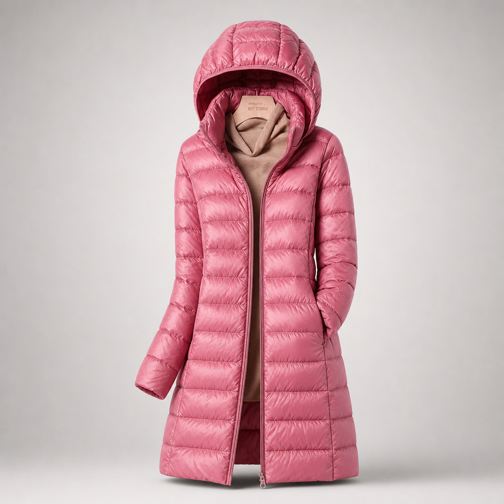 Pink longline puffer jacket shown with the hood raised, front zipper closed, and one hand in a pocket.
