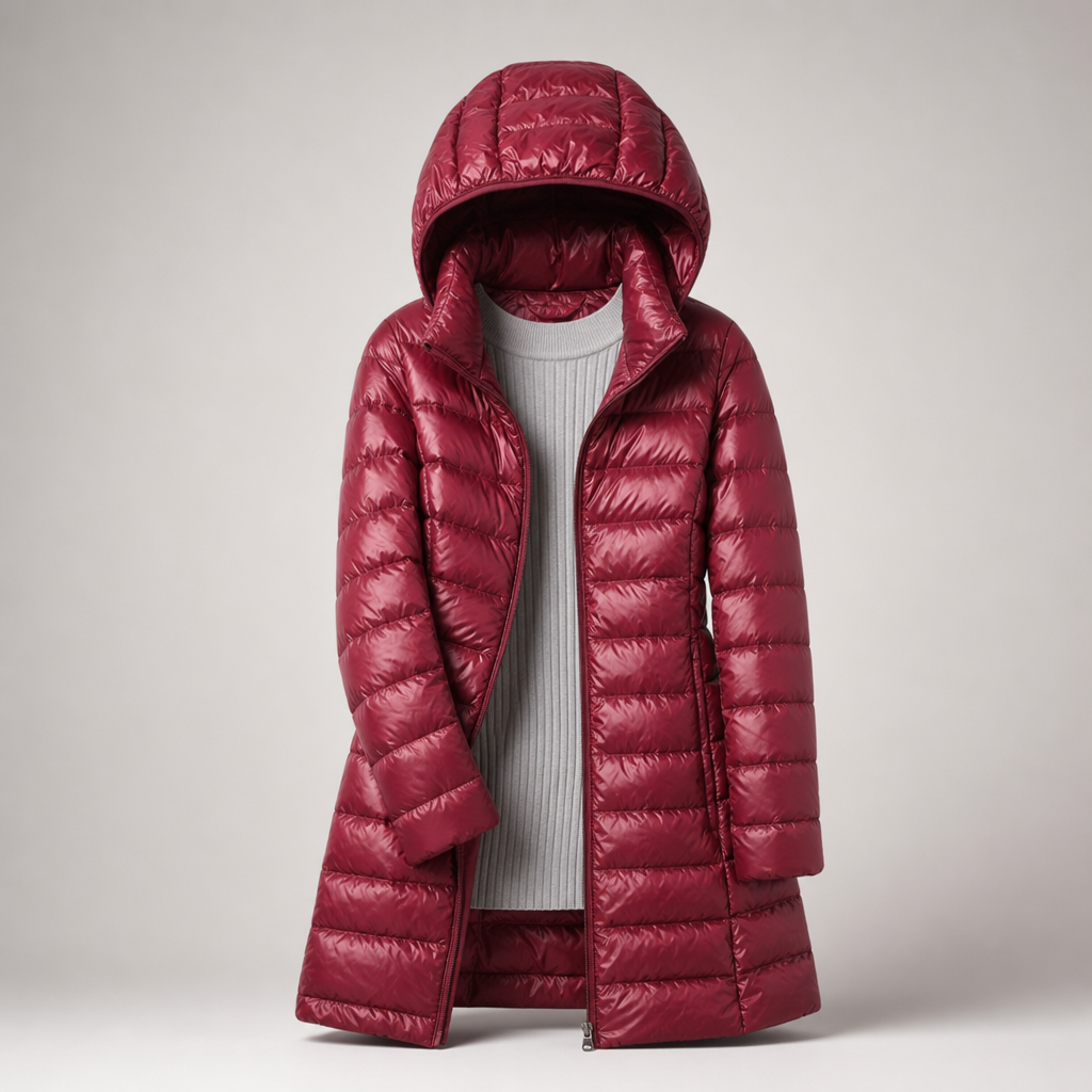 Deep burgundy hooded puffer jacket displayed open over a light ribbed sweater.