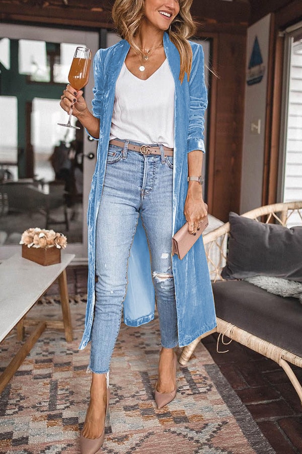 Light blue calf-length kimono coat displayed in a front view with ruched sleeves and relaxed layering.