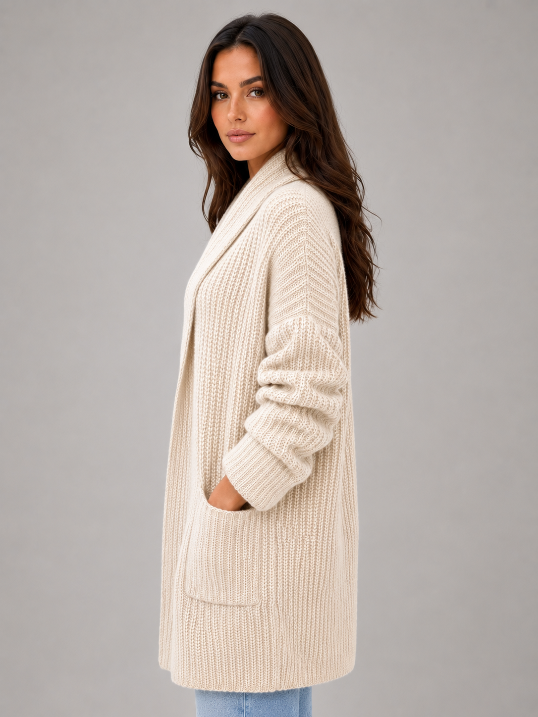 Side view highlighting the cardigan’s open front, extended length, relaxed fit, and visible front patch pocket.