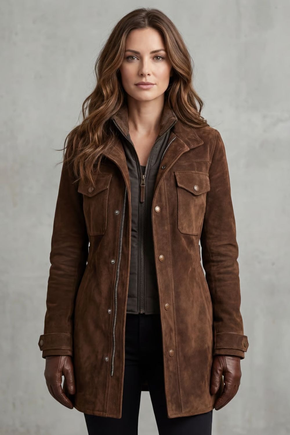 Full front view of the brown longline coat showing its structured shape, extended length, multiple flap pockets, and long sleeves.