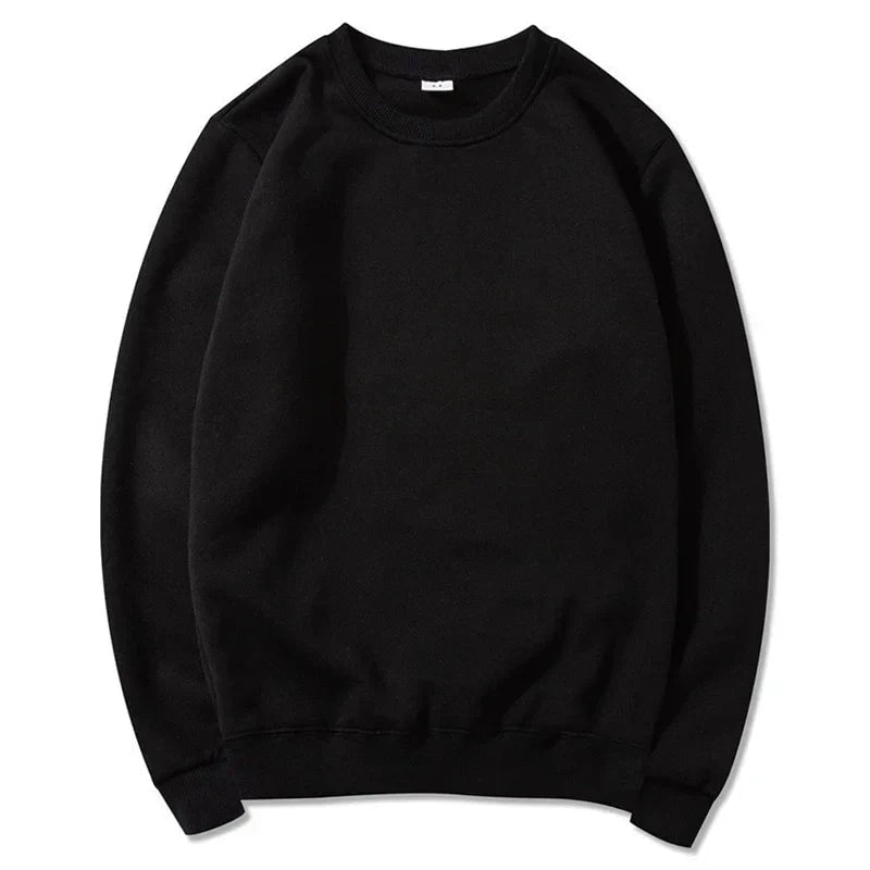 Black oversized crew neck sweatshirt displayed flat, showing the full front, roomy sleeves, ribbed neckline, cuffs, and hem.