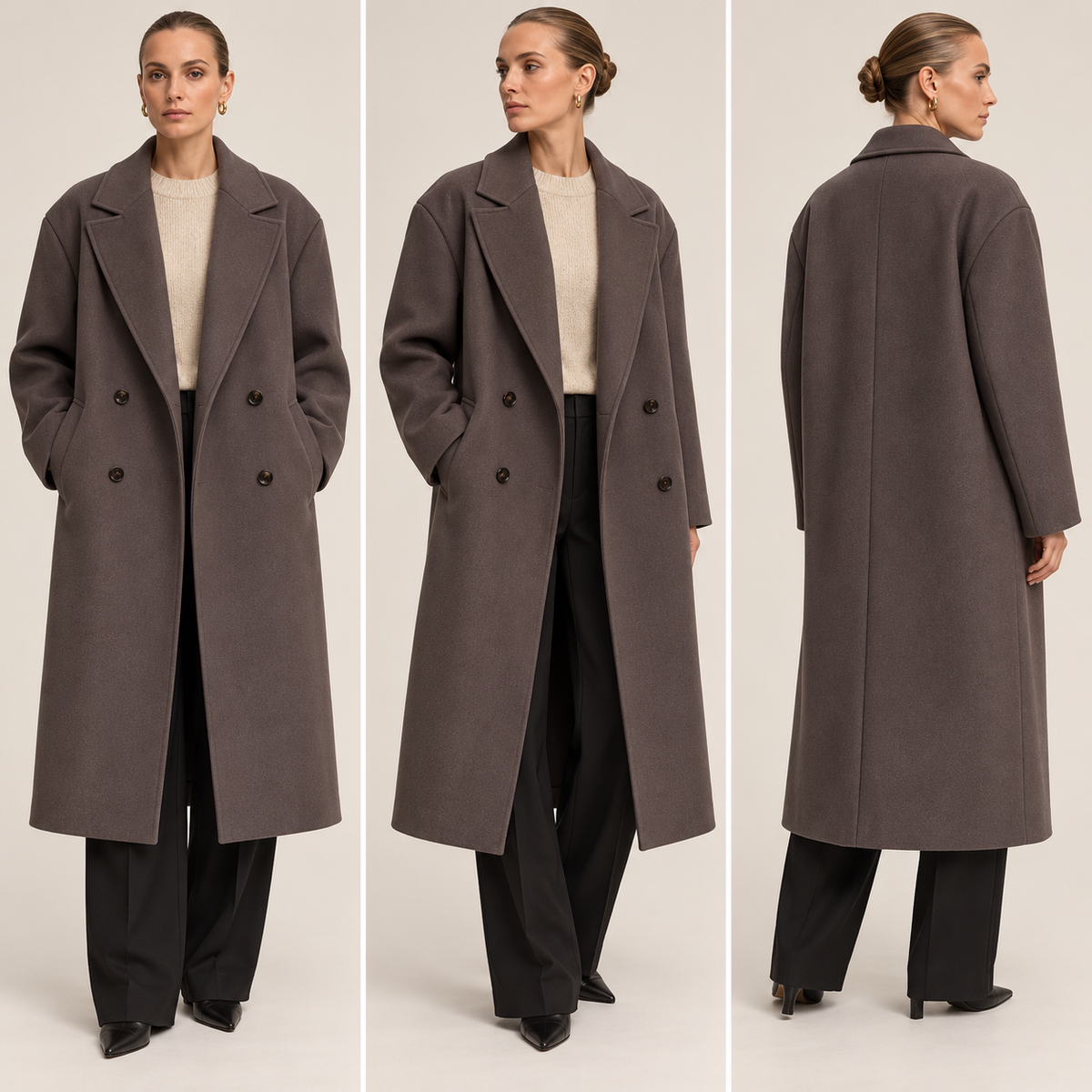 Three-angle styling view displaying the coat from the front, side, and back with its long oversized silhouette and lapel collar.
