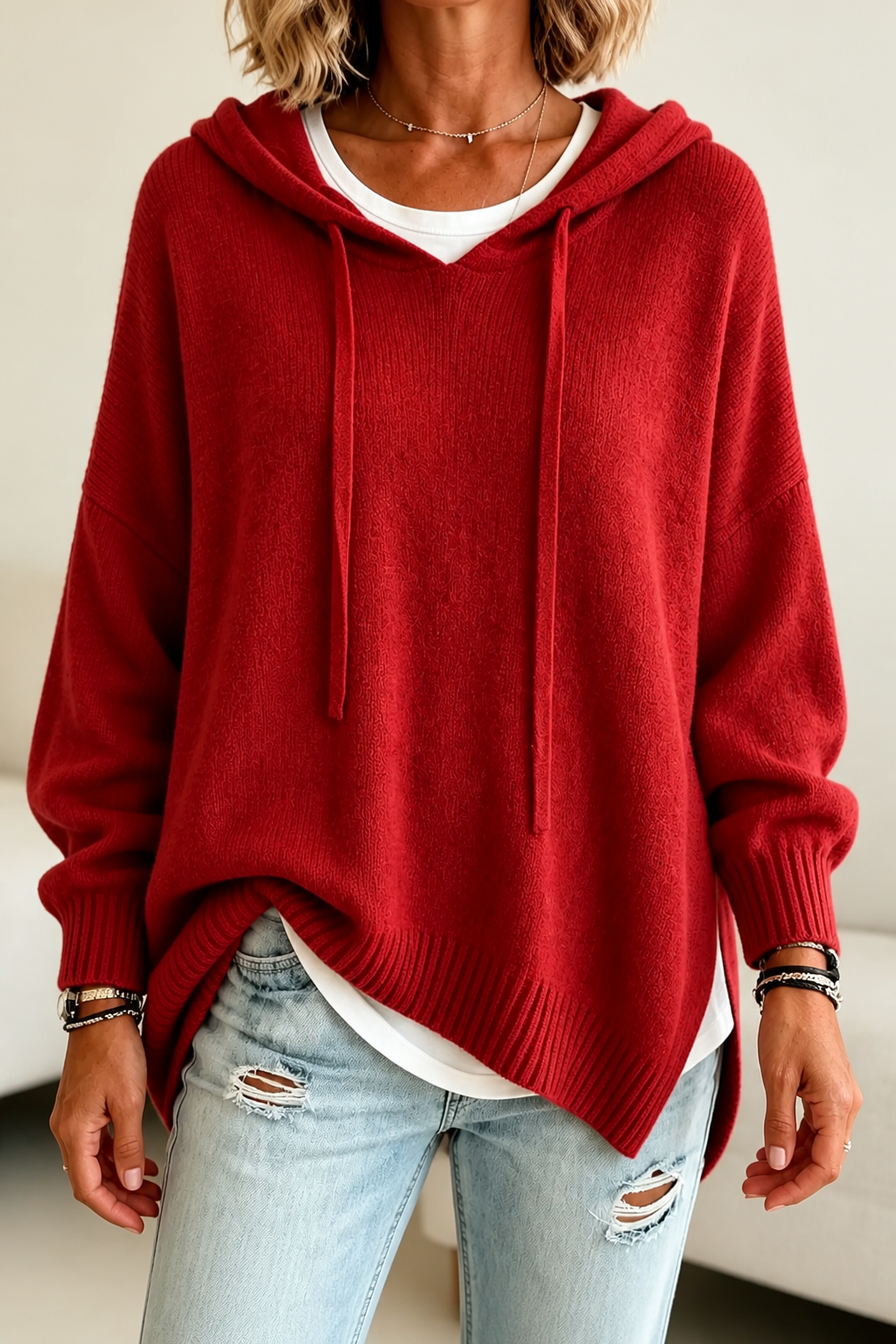 Front view of the oversized hooded sweater in red, showing dropped shoulders, long sleeves, and ribbed trim.