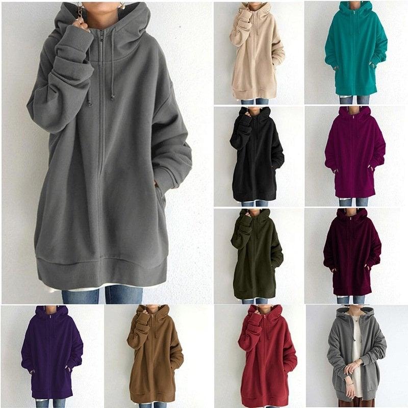 Collage showing the oversized longline zip-up hoodie in multiple colors, including beige, turquoise, black, magenta, olive, burgundy, purple, brown, red, and charcoal.
