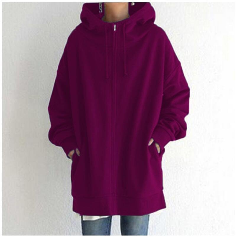 Front view of the oversized longline zip-up hoodie in bright magenta with drawstrings hanging from the hood.