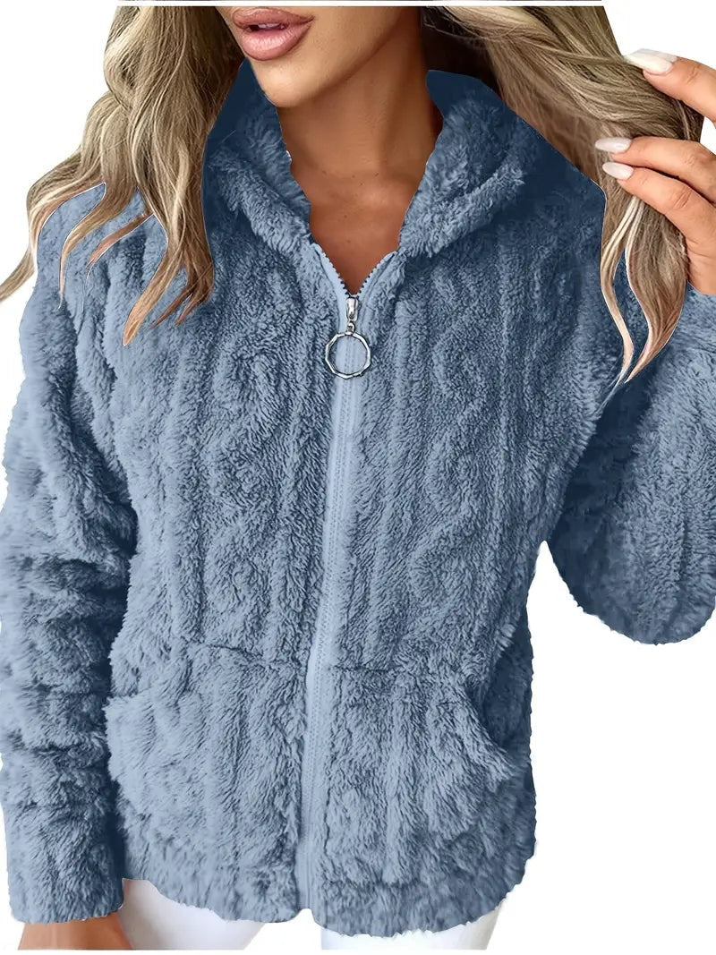 Blue-gray plush hooded jacket with a ring-pull zipper and front patch pockets.