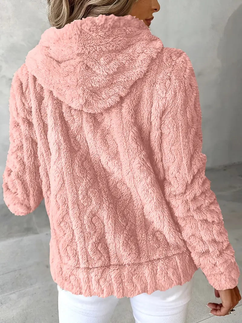 Back view of the pink plush hooded jacket with the hood resting across the upper back.