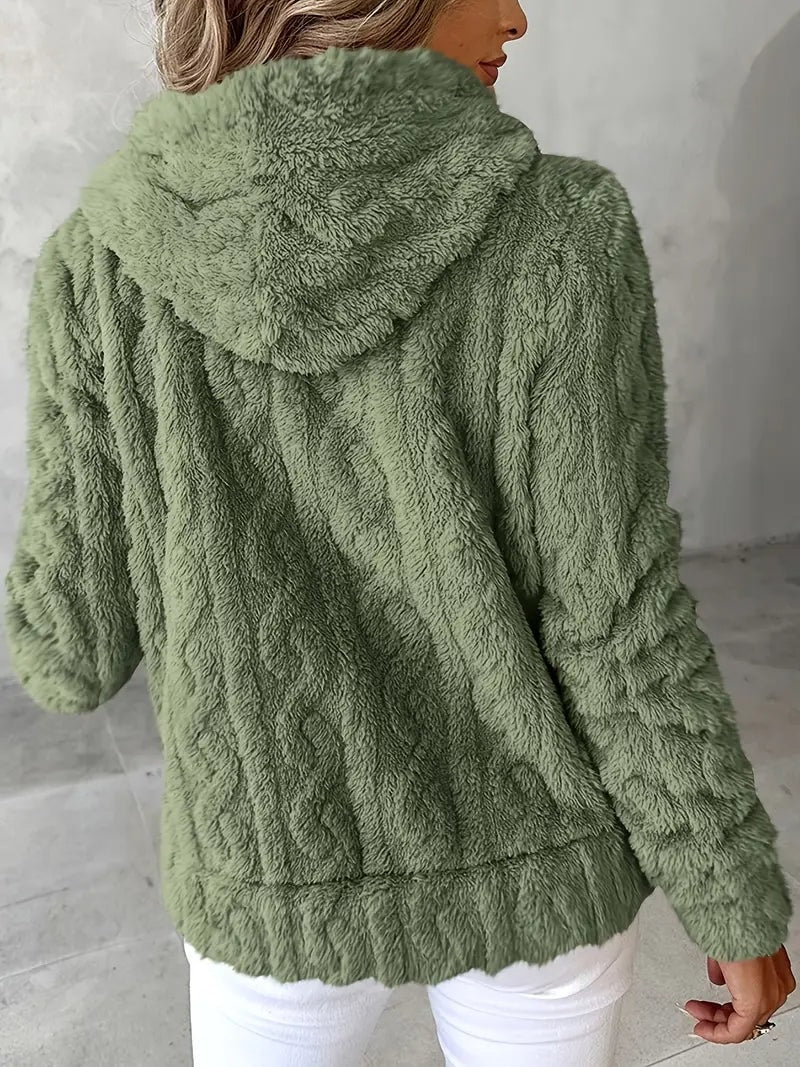 Back view of the sage green plush hooded jacket with its textured surface and hem.