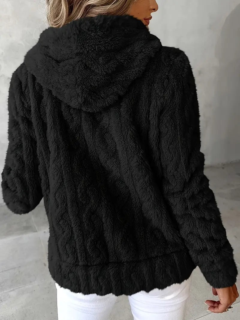 Back view of the black plush jacket showing its hood and full back panel.