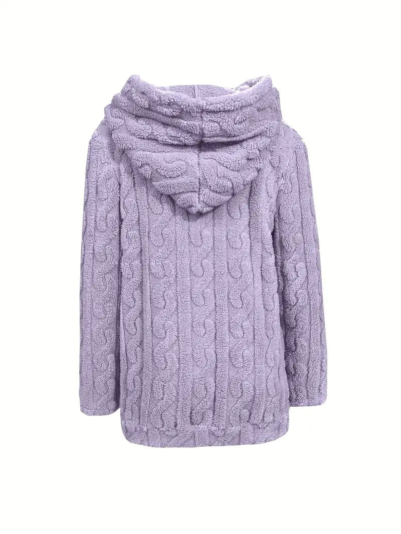 Lavender jacket displayed from the back on a white background, showing the hood and textured vertical pattern.