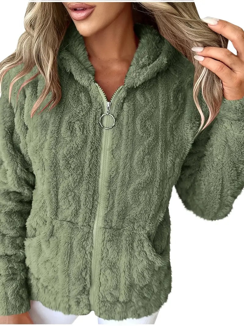 Sage green plush hooded jacket shown from the front with long sleeves and patch pockets.