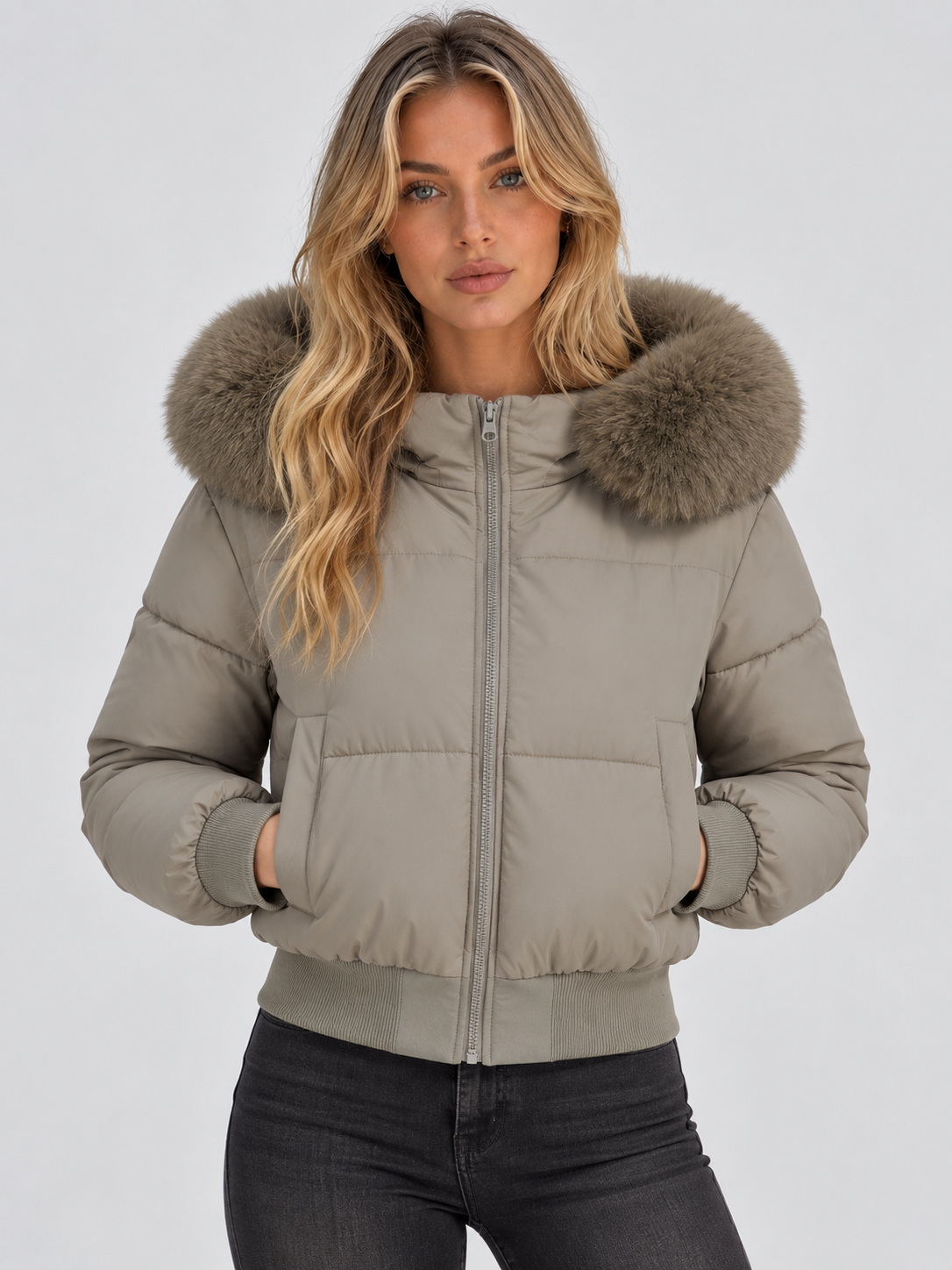 Front view of a taupe cropped puffer jacket featuring a contrasting brown faux fur collar, full zip closure and two front pockets.