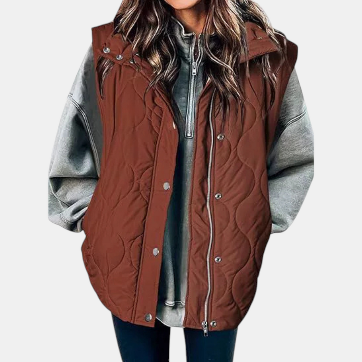 Deep brown hooded puffer vest with a textured quilted front and layered styling.