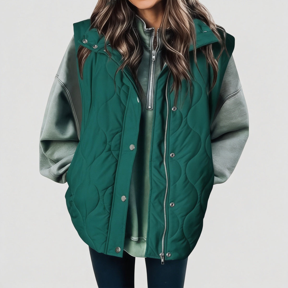 Teal green wave quilted hooded puffer vest layered over a grey sweatshirt in a front view.