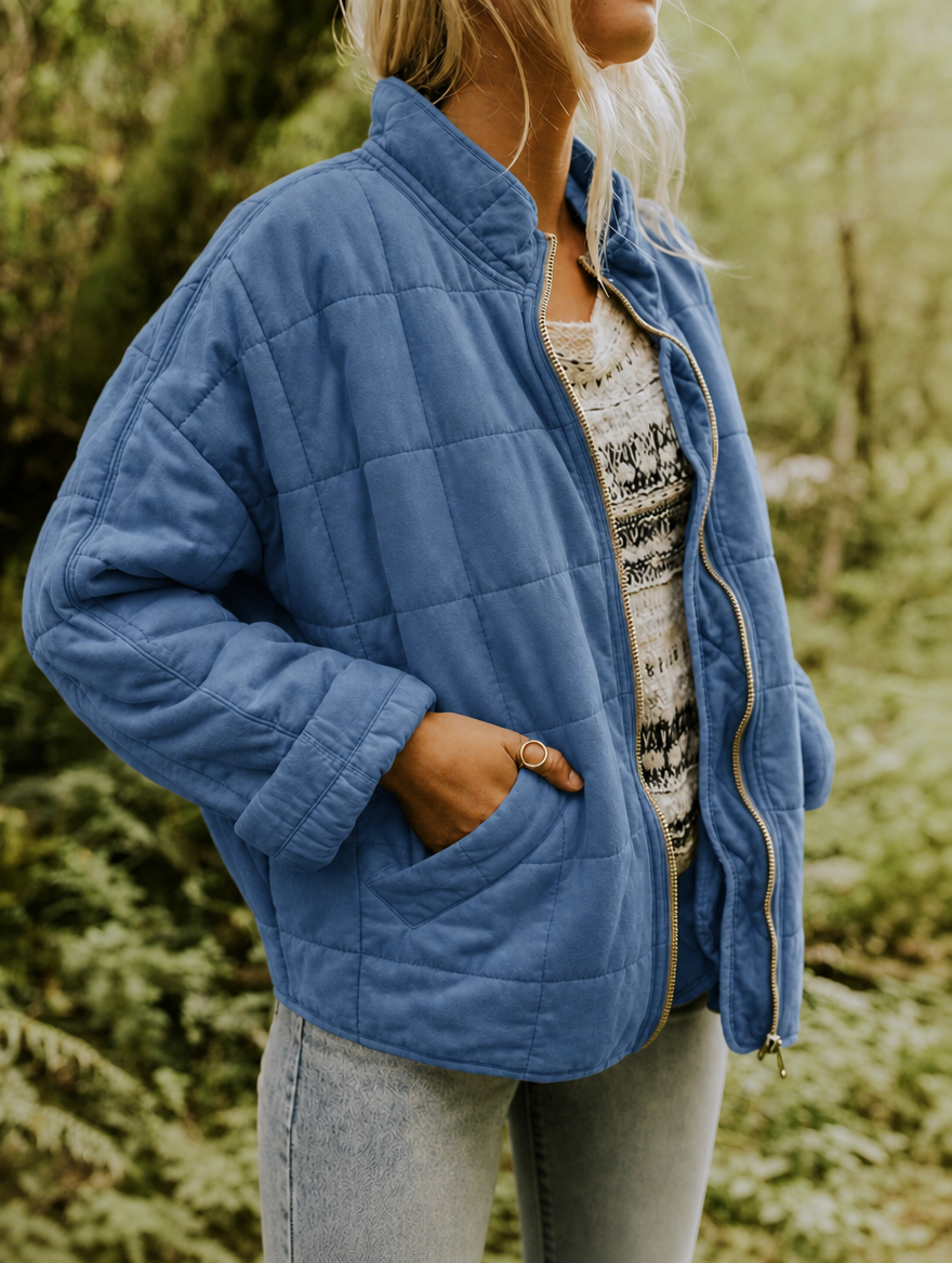 Angled side view of the blue quilted jacket with one hand in the rounded patch pocket and the front zip partly open.