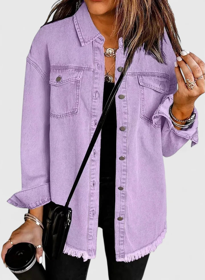 Lavender button-front jacket with a relaxed fit, pointed collar, long sleeves, and uneven frayed edging at the hem.