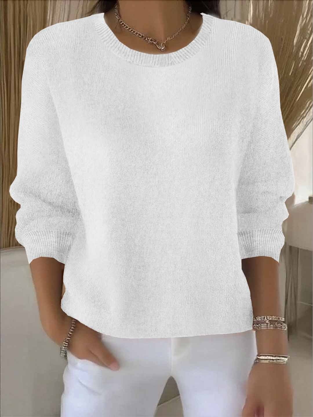 White relaxed crew neck sweater with a simple silhouette, long sleeves, and neatly ribbed edges.
