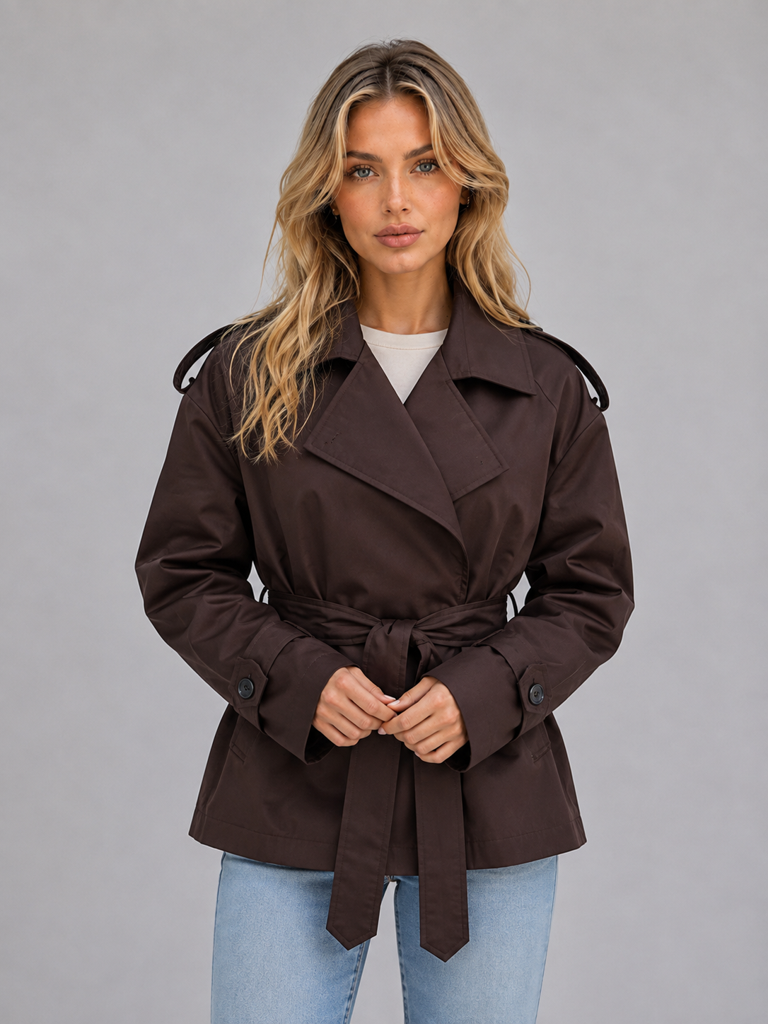 Front view of the short trench coat in dark brown, styled with a tied waist belt, wide lapels, epaulettes, and cuff tabs.