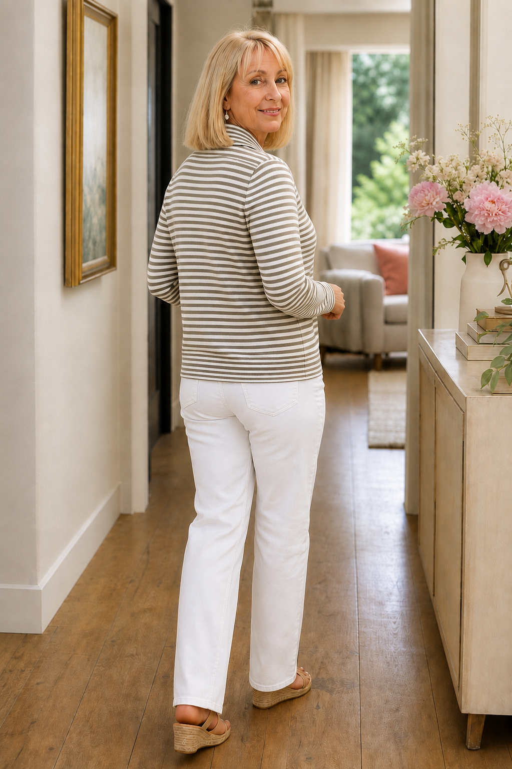 Back view of the taupe-and-cream striped cardigan showing its hip-length shape and full-length sleeves.