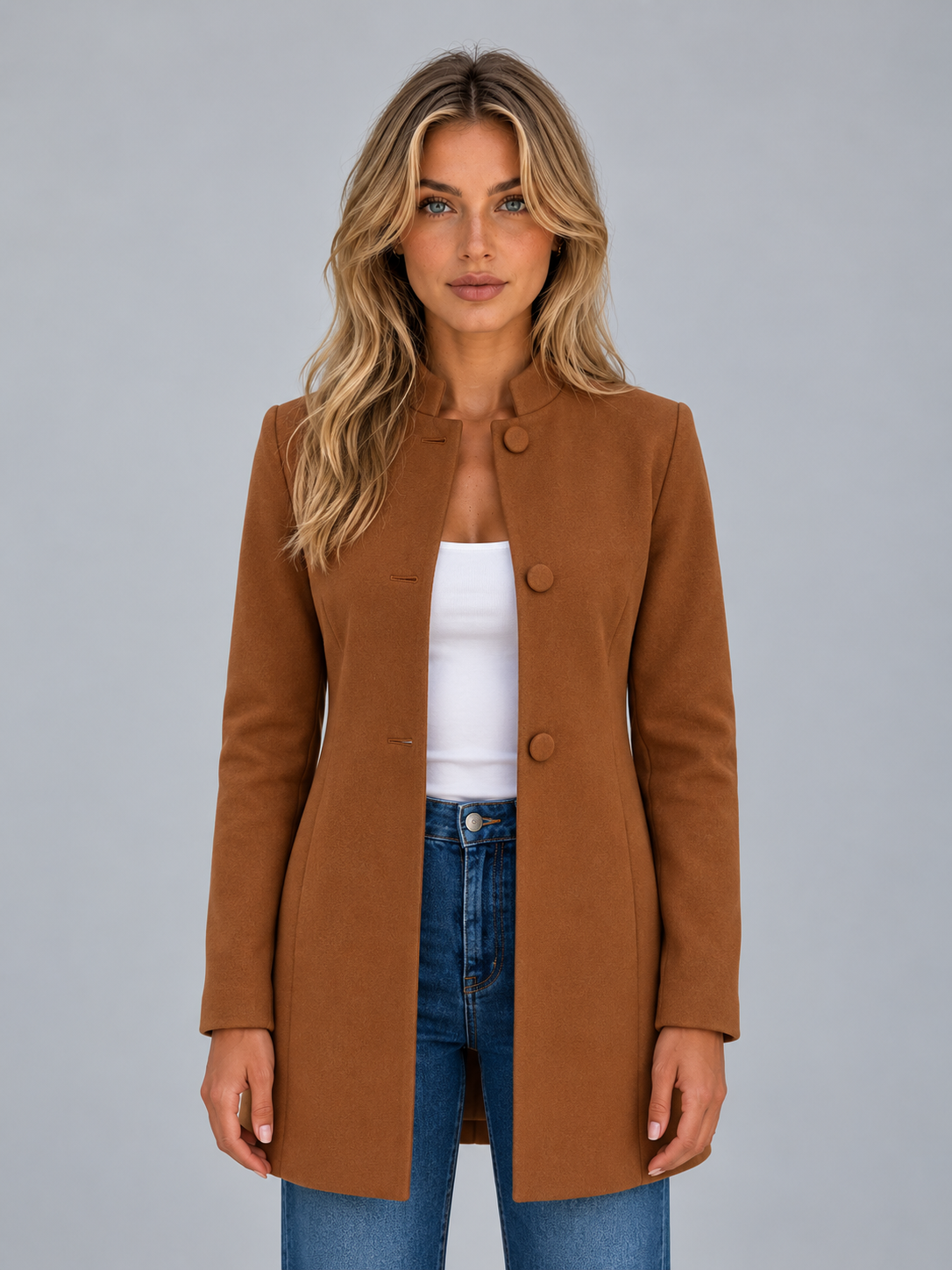 Front view of a brown tailored longline coat with a round neckline, button-front closure, subtle waist shaping and long sleeves.