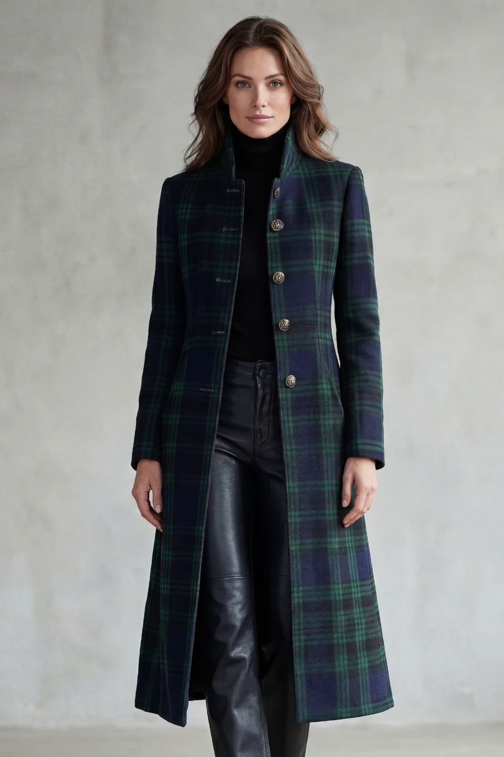 Full-length front view showing the coat’s elongated silhouette, structured stand collar, and evenly spaced front buttons.