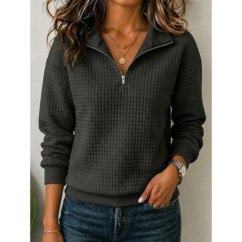 Black textured quarter-zip pullover featuring a partially open stand collar, long sleeves, and ribbed cuffs and hem.