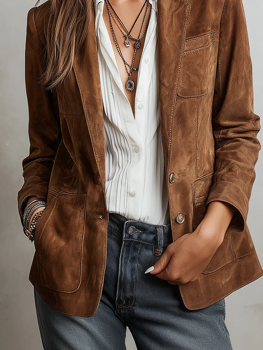 Lower front view showing the blazer’s rounded patch pockets, button closure, hip-length cut, and layered styling over a blouse and jeans.