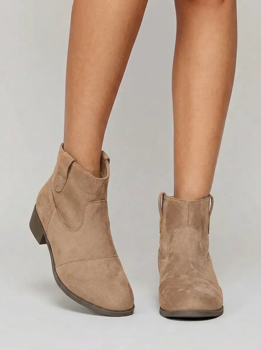 Tan Western ankle boots with rounded toes, decorative stitching, side pull tabs, and low heels.
