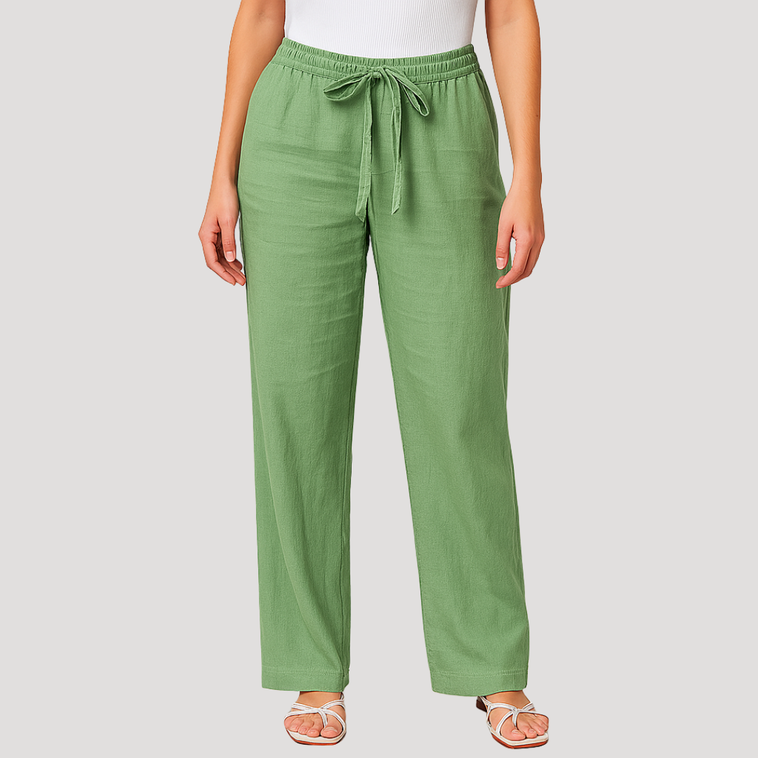 Green wide-leg pants with a visible adjustable drawstring waist and relaxed full-length legs.