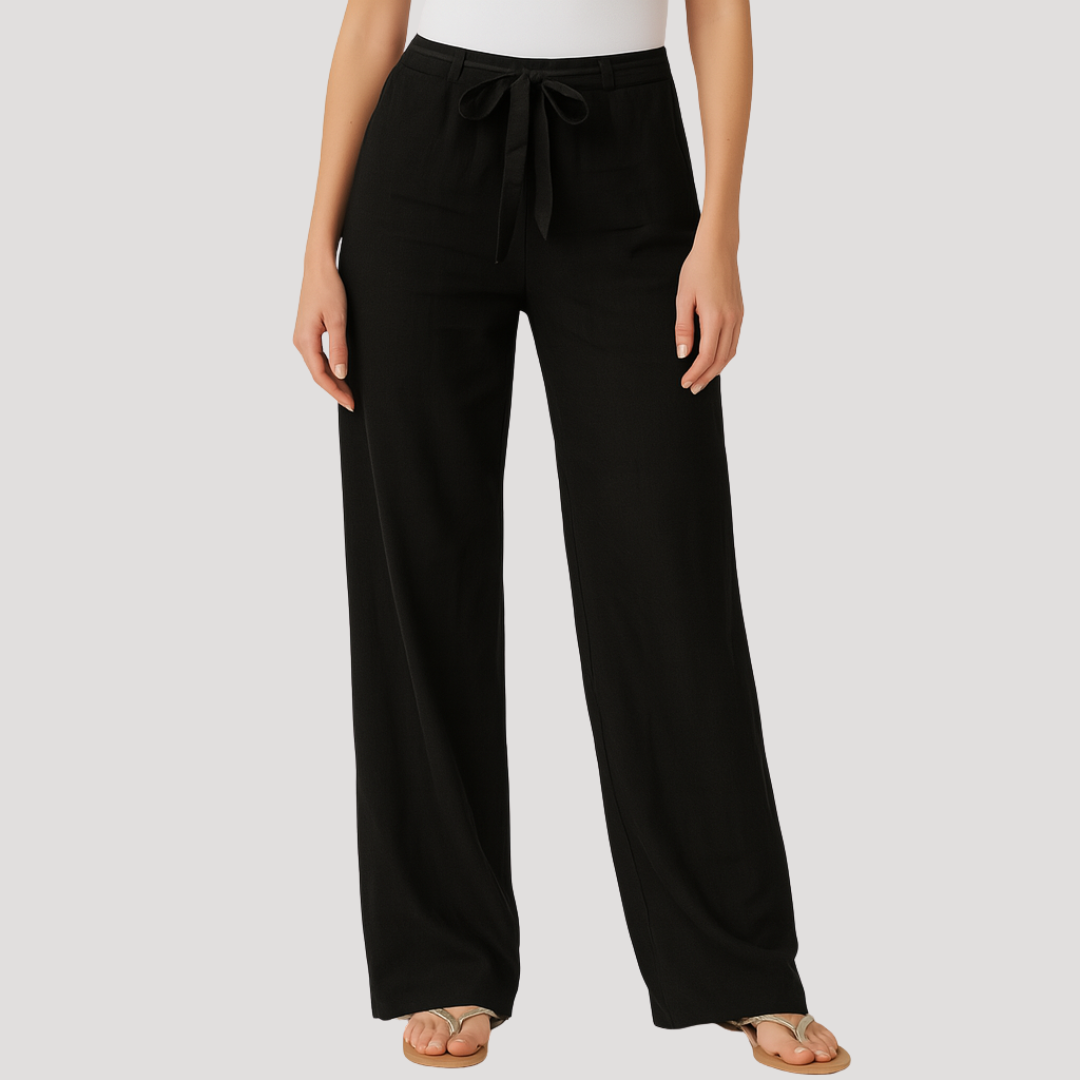 Black wide-leg pants with a tied drawstring waistband and relaxed drape through the long legs.