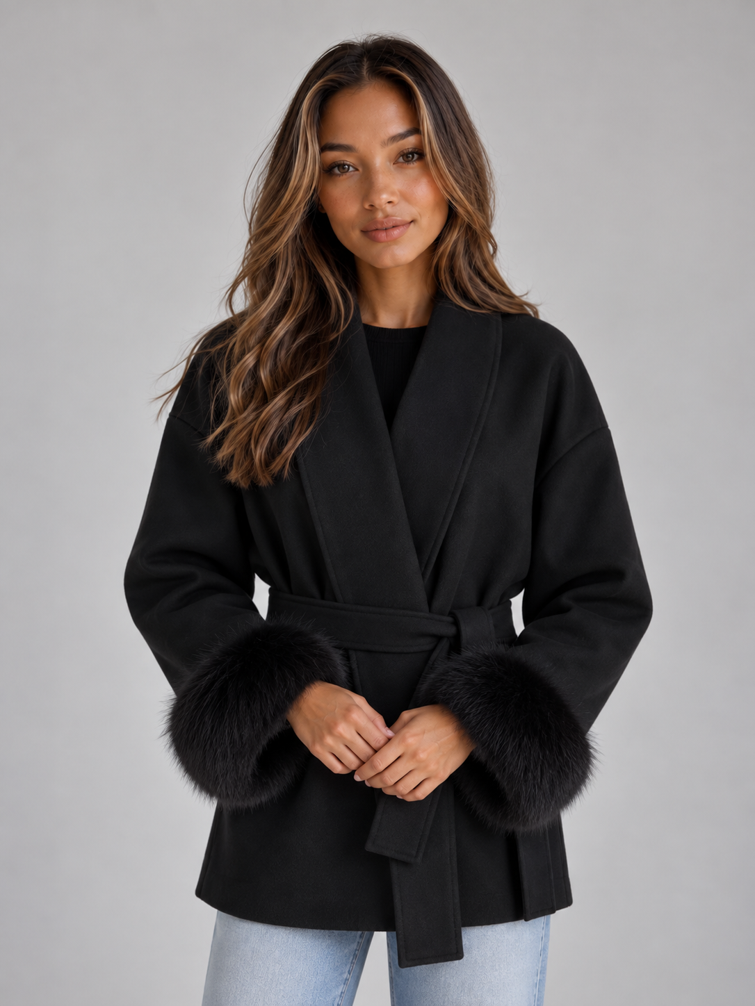 Front view of the short wrap coat in black, styled with a wide shawl collar, waist belt, and oversized black faux fur cuffs.