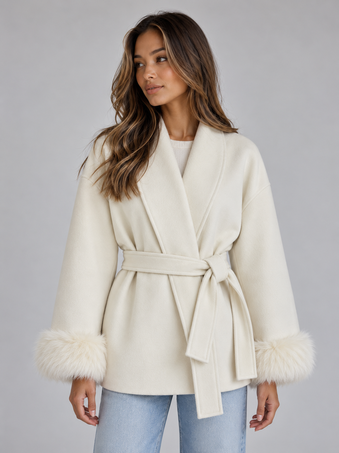 Front three-quarter view of the wrap coat in cream, featuring a wide shawl collar, tied belt, and contrasting light faux fur cuffs.