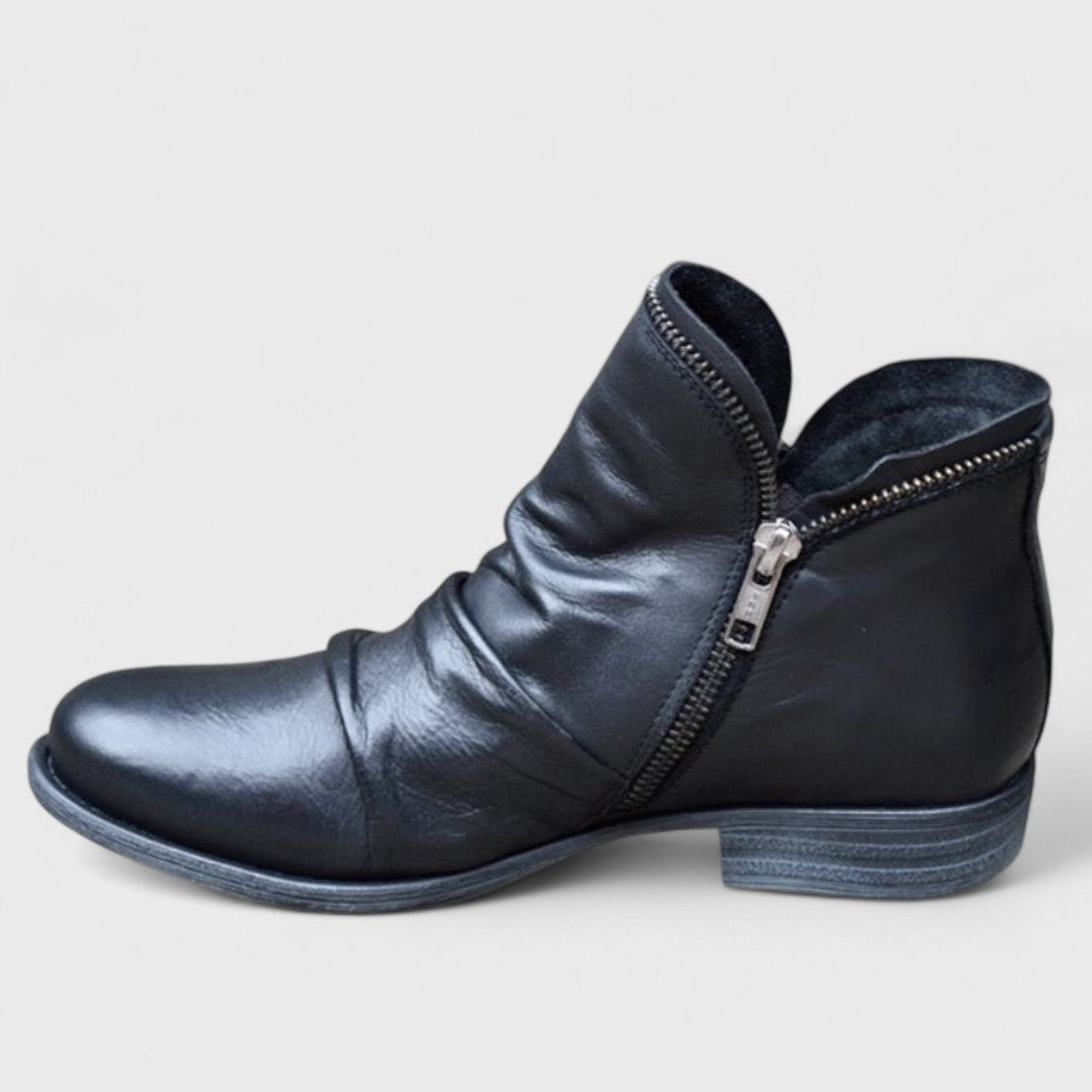 Black ankle boot displayed from the side, highlighting its diagonal zip fastening and grounded low heel.