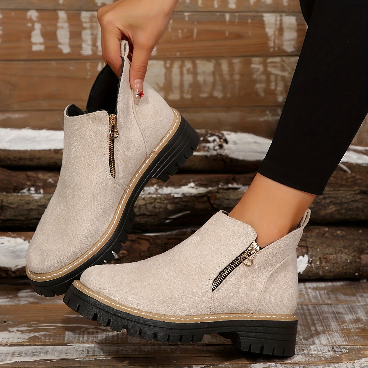 Cream ankle boot lifted by its pull tab beside the matching boot, with the side zip and low block heel visible.