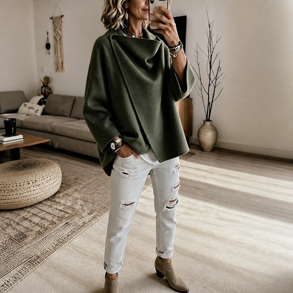 Dark olive version of the asymmetric button wrap cape jacket paired with white jeans and ankle boots.