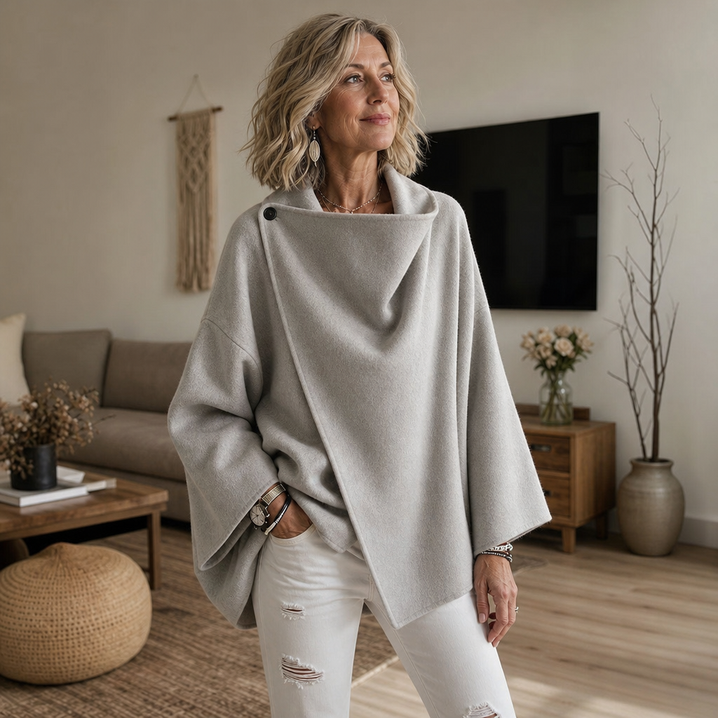 Front view of a light gray wrap cape jacket showing its relaxed fit, sculptural draped neckline, and asymmetric hem.