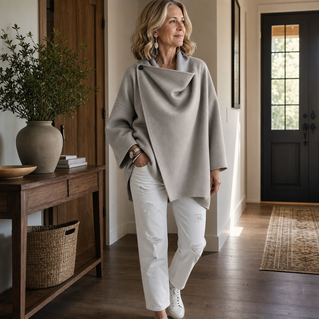 Full-length front view of the light gray cape jacket paired with white jeans and sneakers, highlighting its modern layered shape.