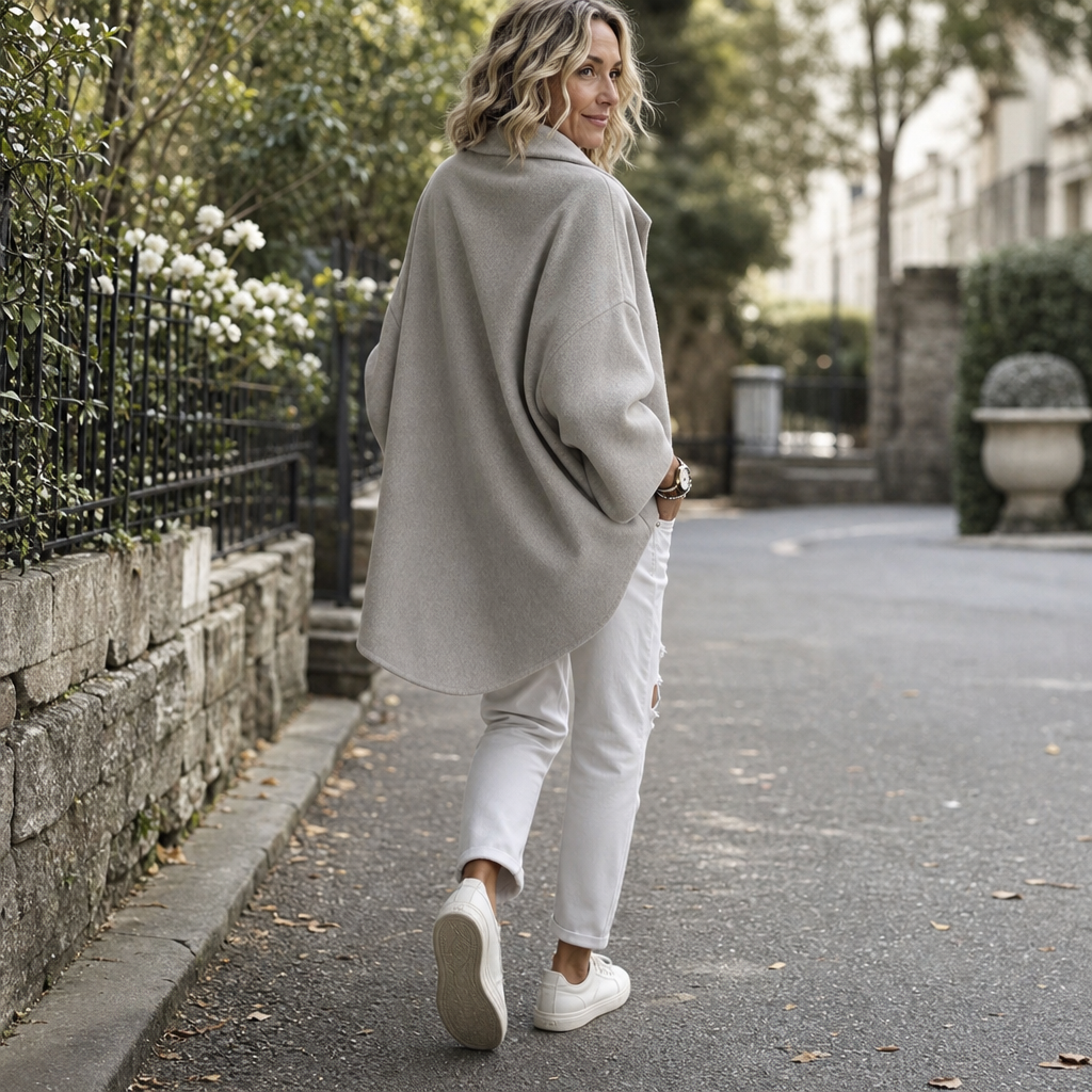 Rear view of the light gray wrap cape jacket as it is worn outdoors, showing the flowing back and curved hem.