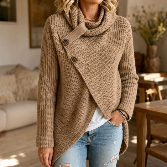 Taupe asymmetric cowl neck sweater with overlapping front, two side buttons, long sleeves, and a relaxed fit styled with jeans.