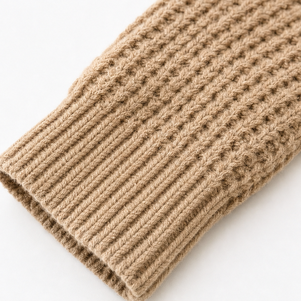 Detail of the sweater sleeve ending in a ribbed cuff.