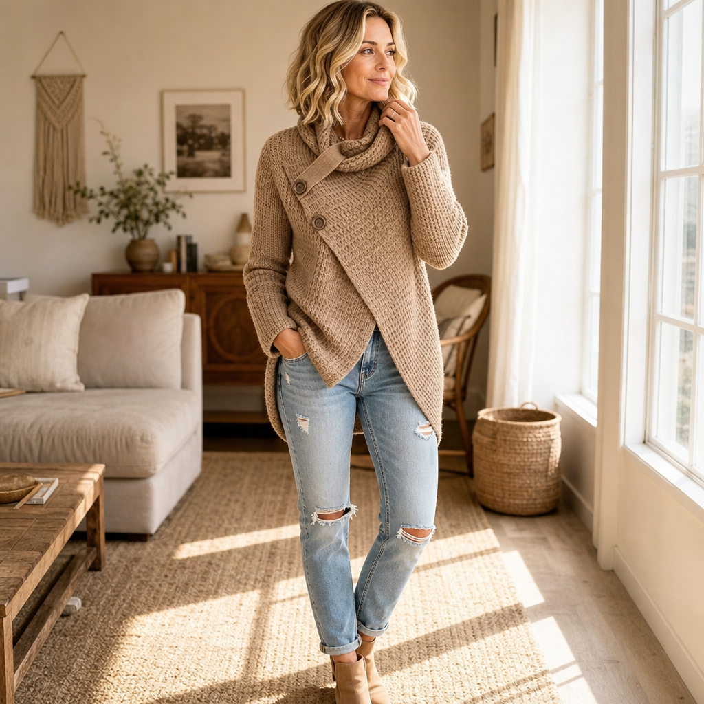 Full-length view of the taupe asymmetric cowl neck sweater layered over a white top with jeans.