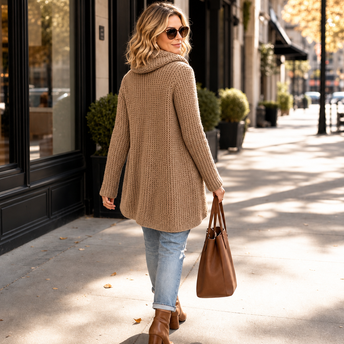 Back view of the taupe sweater showing its long relaxed shape, cowl collar, and full-length sleeves.